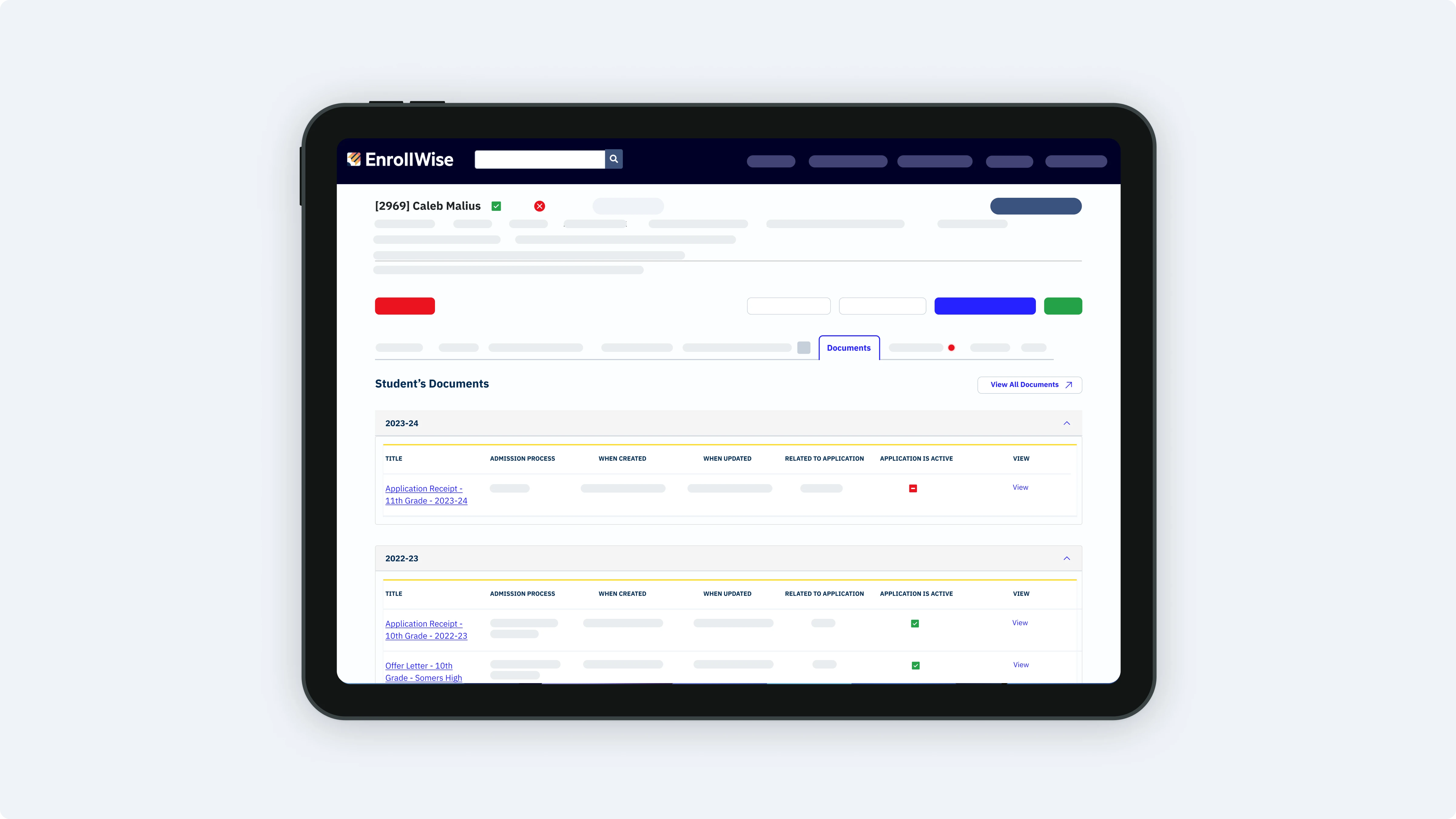 image of document management interface with redacted data