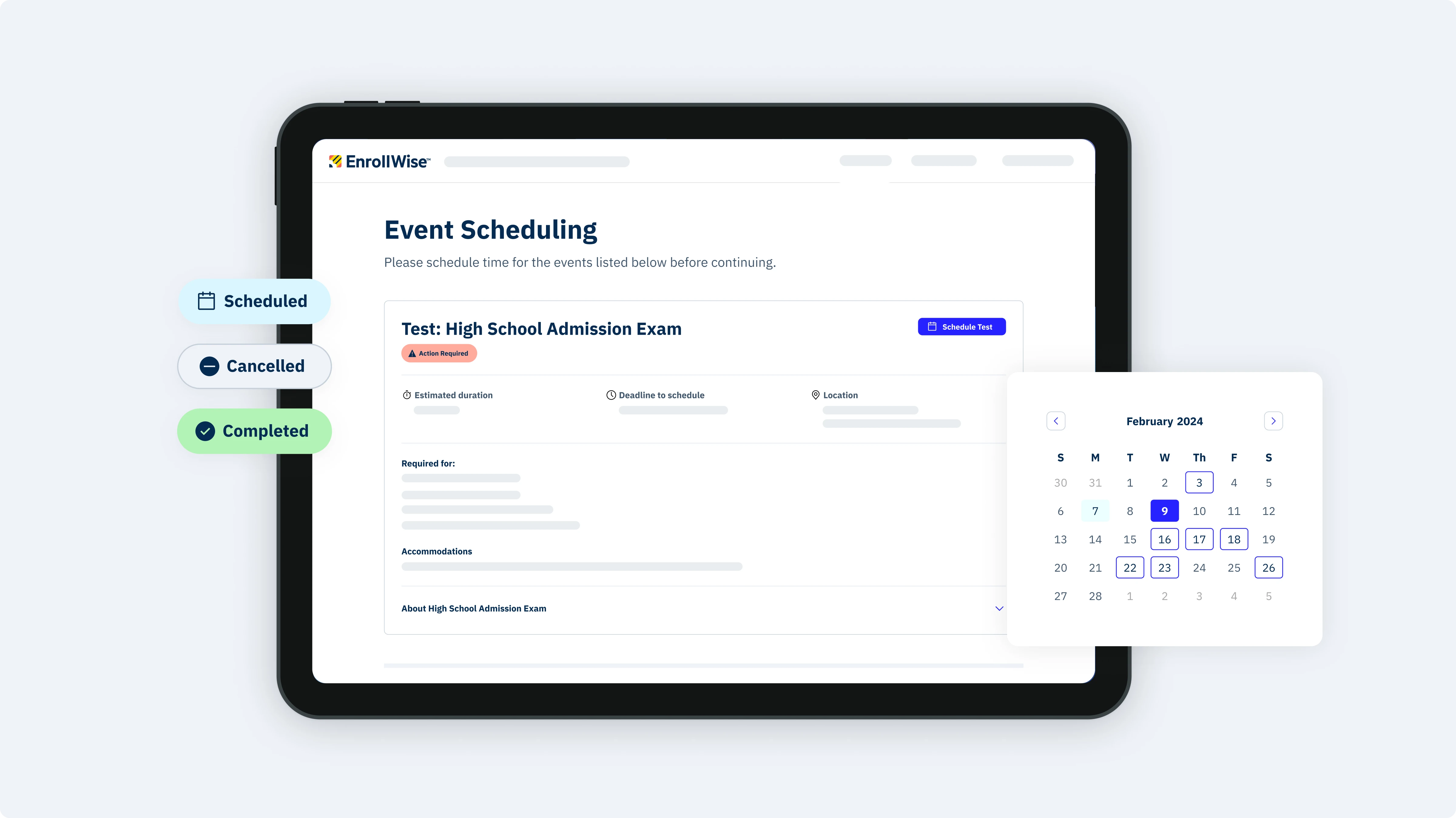 Image of the EnrollWise™ Event scheduling tool with content and data redacted for privacy