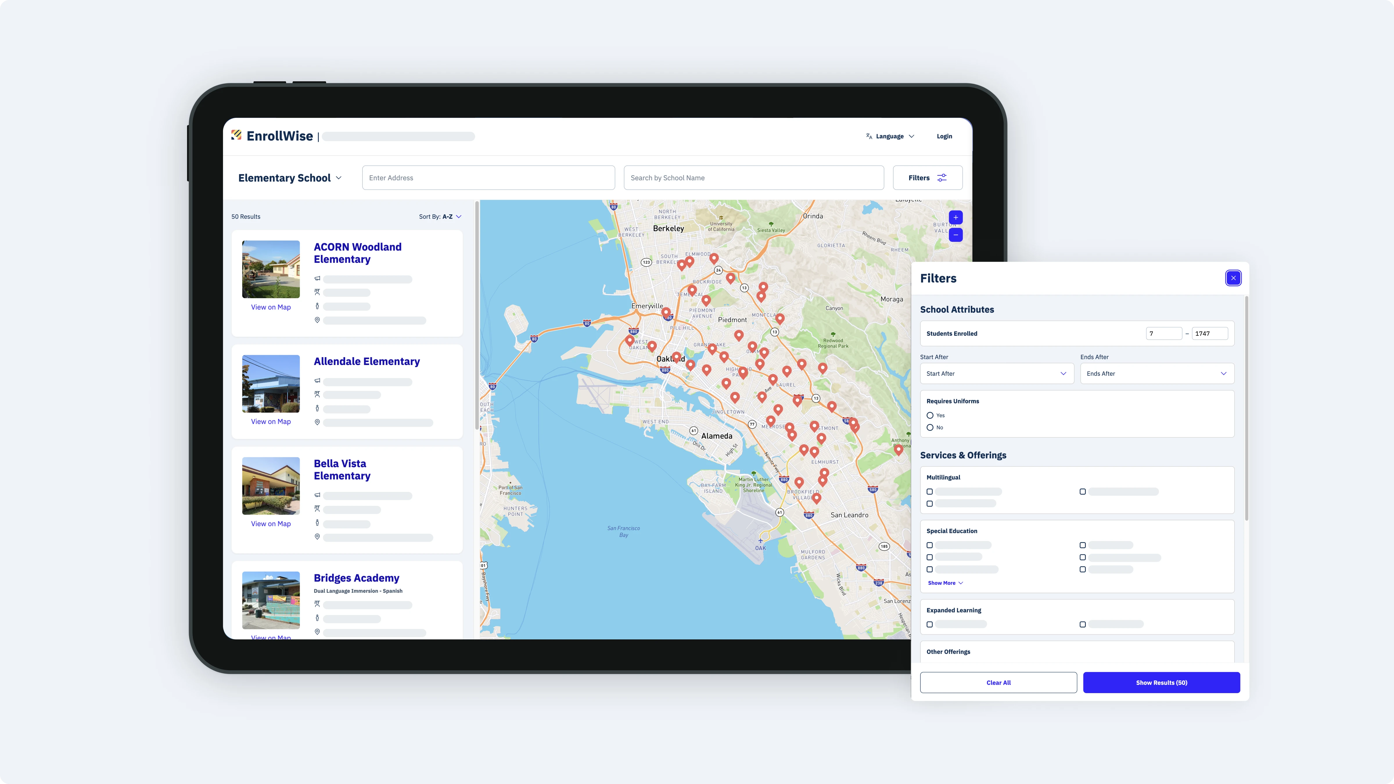 Image showing the map-based interface of the EnrollWise™ school directry