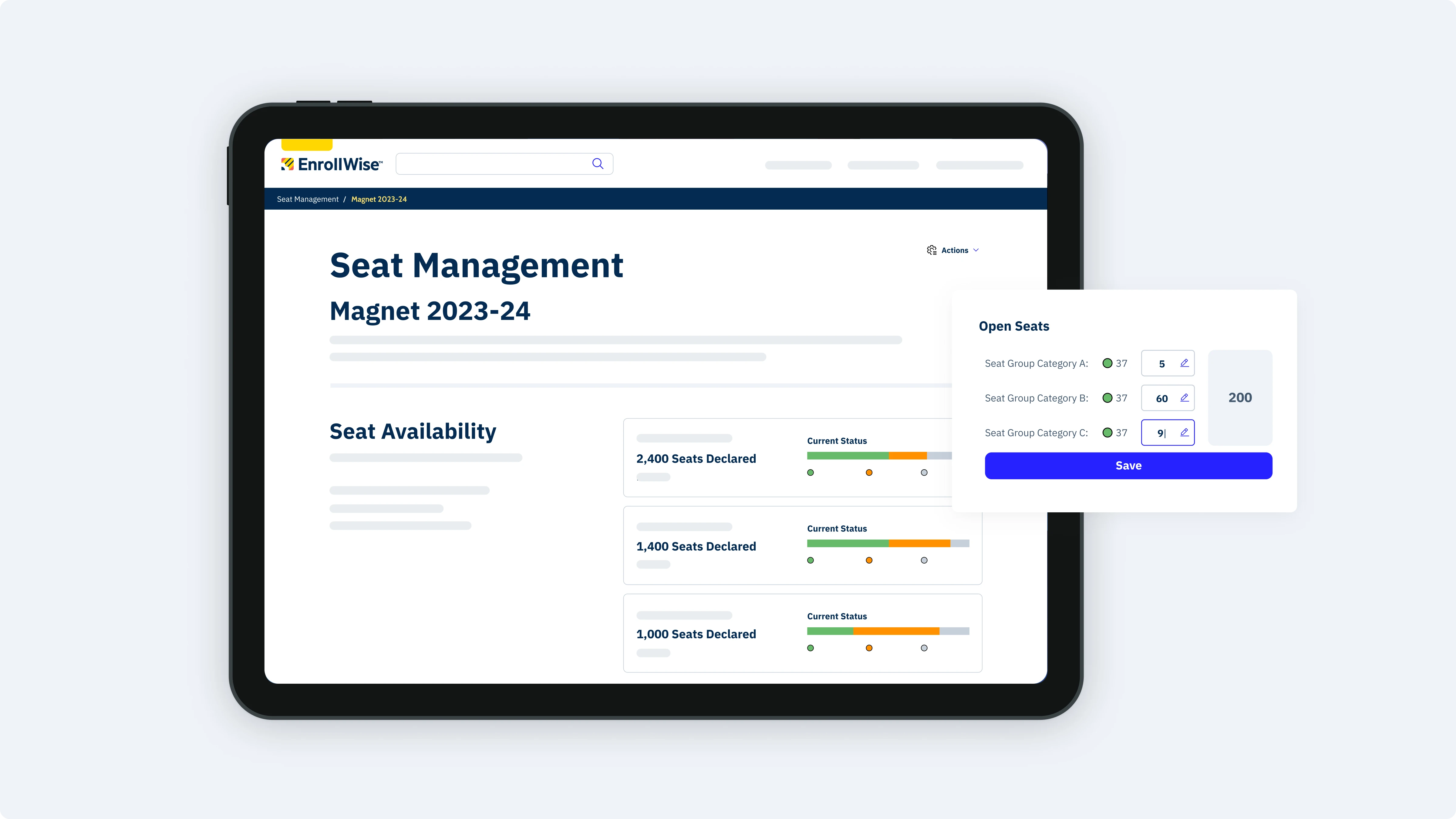 Image showing the EnrollWise™ Seat Management interface, redacted for privacy