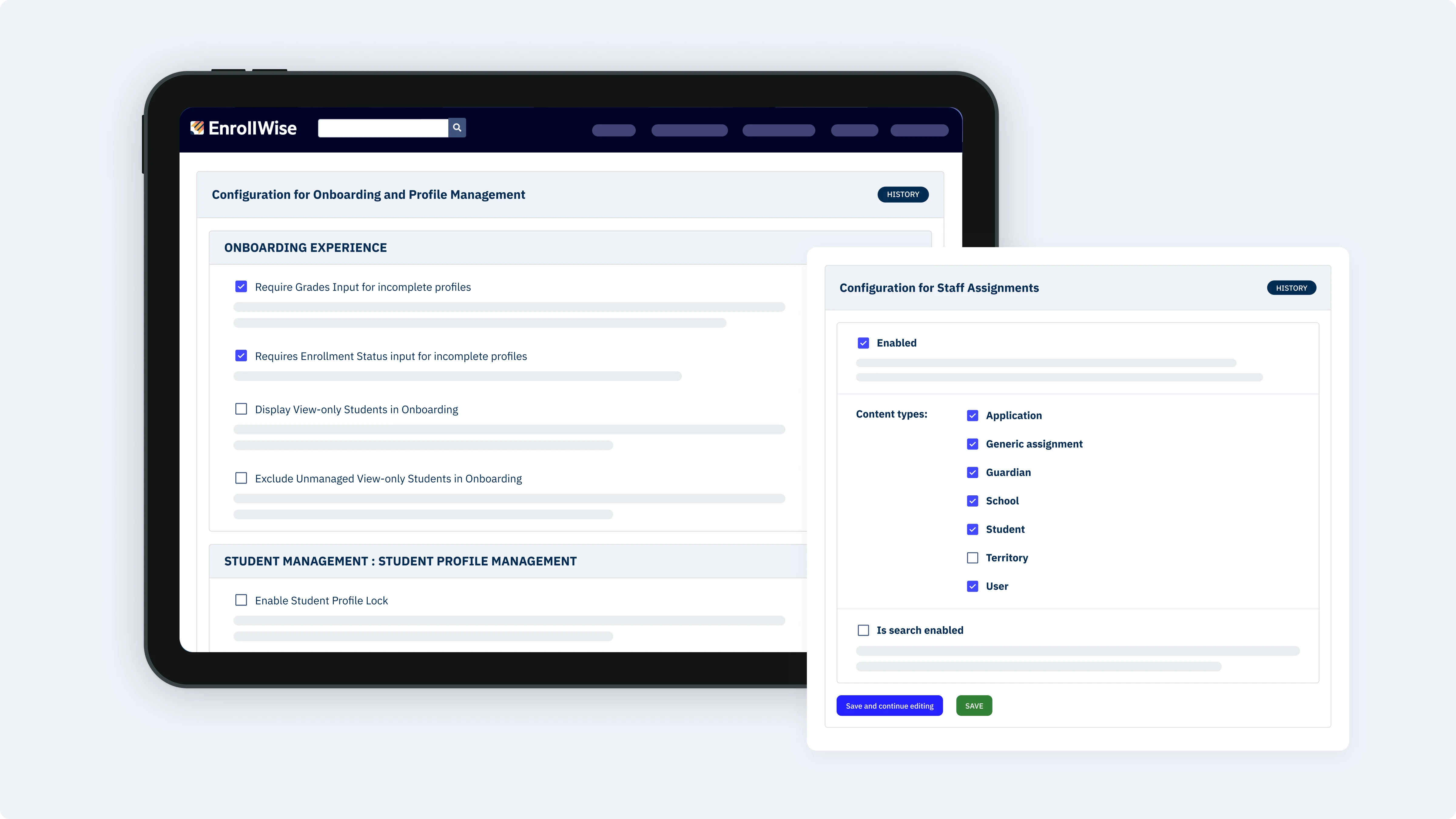 image of configuration for onboarding and profile management with redacted content for privacy